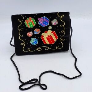 Vintage Celebration Faux Fur Evening Bag With Multicolor Christmas Boxes.